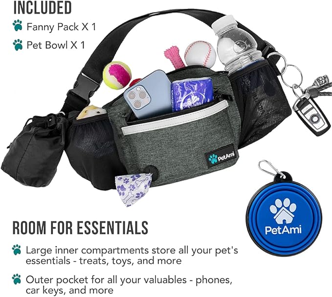 PetAmi Dog Fanny Pack, Treat Pouch for Dog Walking, Training, Built in Poop Bag Dispenser, Water Bottle Holder, Collapsible Bowl, Pet Treat Waist Belt for Hiking, Running, Kibbles (Charcoal)