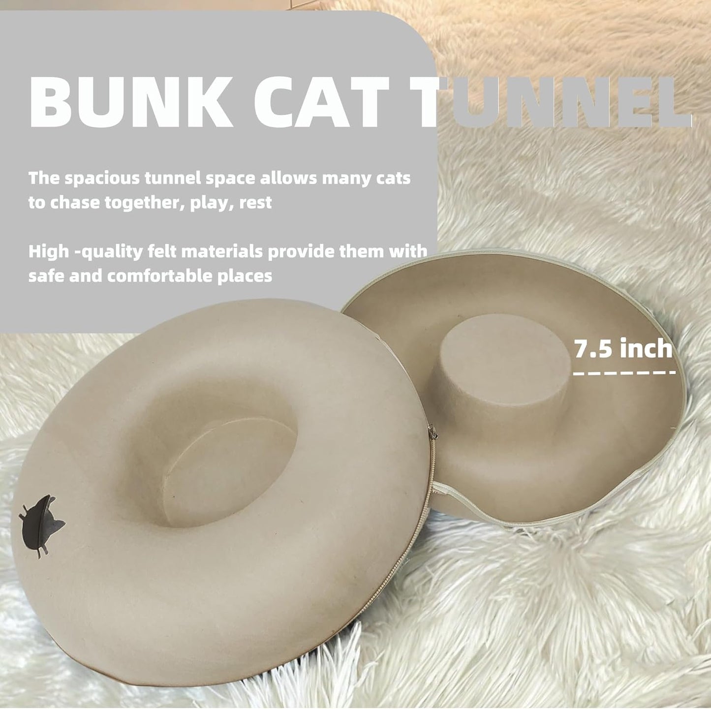 Donut Cat Tunnel Bed Peekaboo Cat Cave for Large Cats Up to 30 Lbs, Kitty Interactive Playing Tent House for Multiple Cats,Detachable,Scratch Resistant (Beige, Large - 24 Inch Diameter)