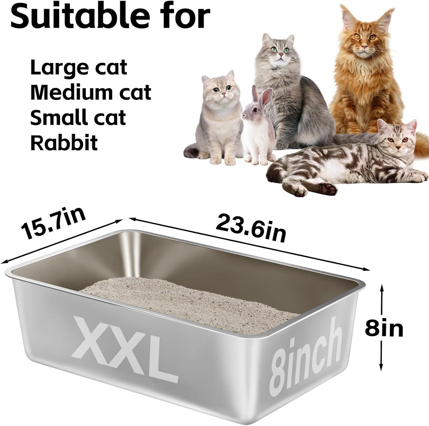 2 Pack Stainless Steel Litter Box-XXL Metal Litter Box for Big Cats 8IN Deep, Cat LitterBox-Pet Toilet Easy to Clean,High Sided Cat Litters Boxes Adult Cats,Non Stick, No Smell