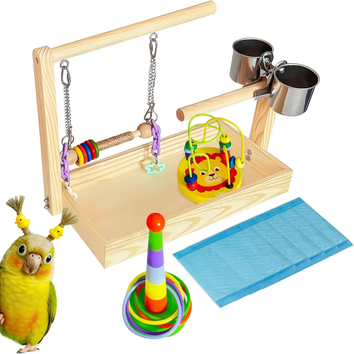 Mini Wood Bird Playground Birds Perch Stand Desktop Parrot Play Stand Parrot Tree with Feeder Cups Hanging Swing Toys and Foraging Toys Parakeet Play Gym for Budgie Cockatiel Conure Lovebird