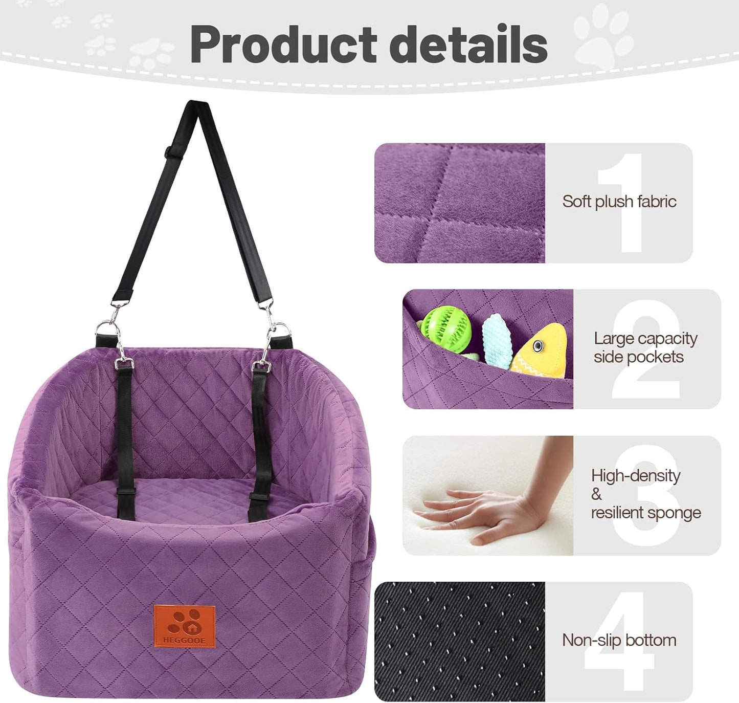 Dog Car Seat for Small Medium Dogs, Memory Foam Pet Booster Seat for Dogs up to 35 lbs, Elevated Dog Carseat, Travel Safety Bed with Washable Removable Cover and Storage Pockets (Purple)