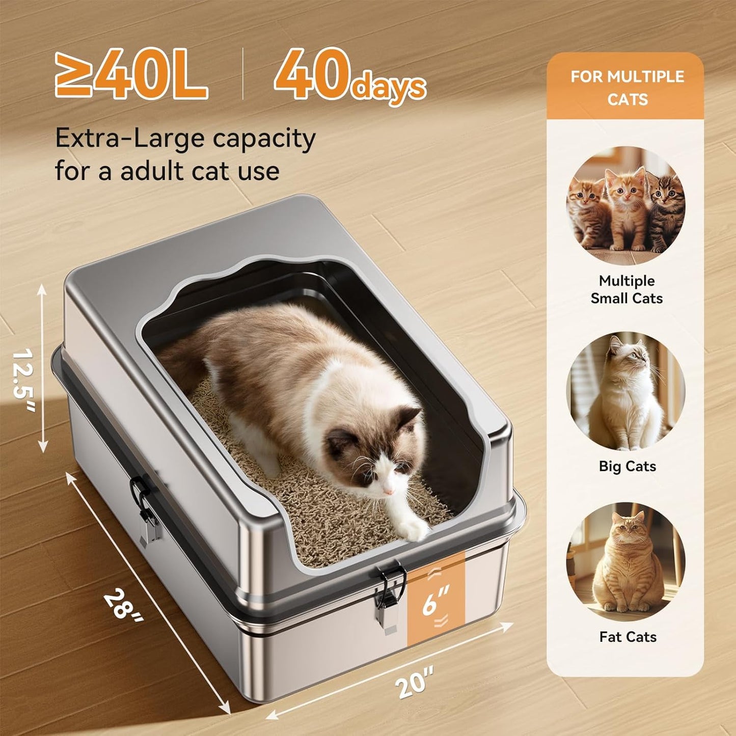 All-Metal 28" Extra Large Stainless Steel Cat Litter Boxes with Lid Metal Cat Litterbox Pan for Big Cats and Multiple Cats, Anti-Leakage, Easy Cleaning, Include Scoop