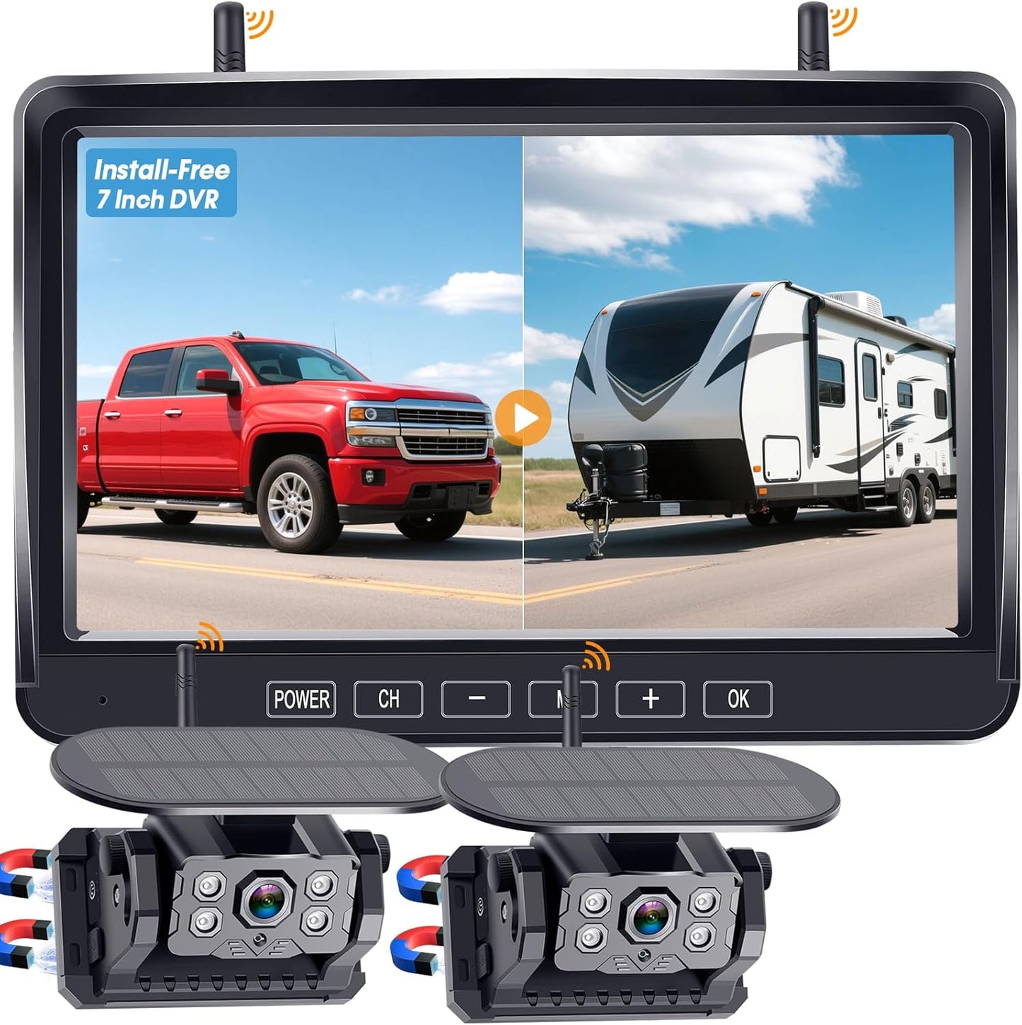 Dual RV Backup Camera Wireless with Magnetic - Recording 1080P HD Solar Rear View Camera Install-Free 7 Inch Touch Button Monitor No-Delay Signal for Truck Trailer YWD-902