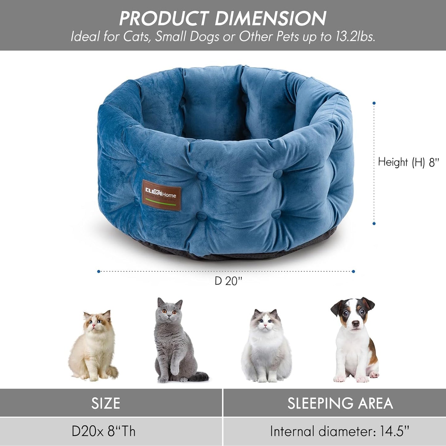 ClevaHome Deep Nest Cat Bed for Small Pets up to 15lbs - Round Cat Beds for Indoor Cats, Luxurious Velvet Feel, Extra High Sides, Machine Washable Comfort Pet Bed with Non-Slip Bottom (Steel Blue)