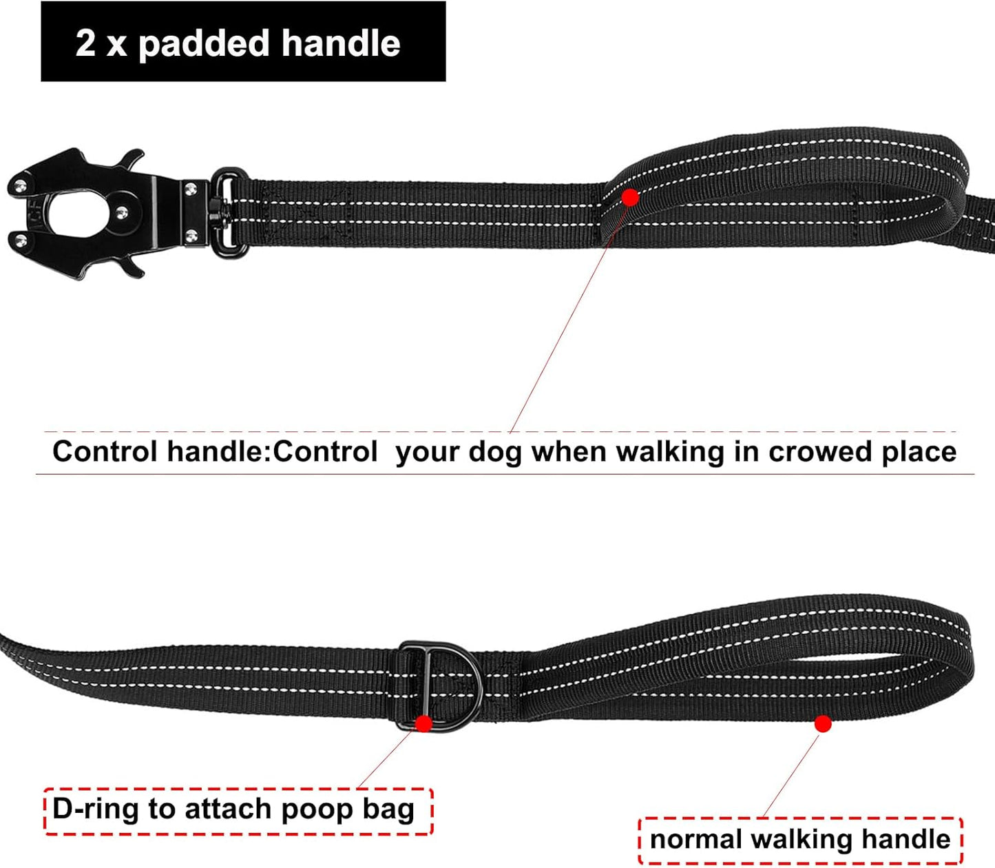 ICEFANG Tactical Dog Leash,K9 Training Walking Bungee Lead with 2 Control Handle,Heavy Duty Quick Release Metal Clasp,Hands Free D-Ring for Medium Large Dogs (6ft,Reflective Black)