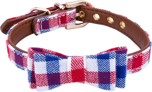 Puppy Collars for Small Dogs - StrawberryEC Adjustable Puppy Id Buckle Collar Leather. Cute Plaid Bowtie Blue Dog Collar (Bow-Blue-Grid)
