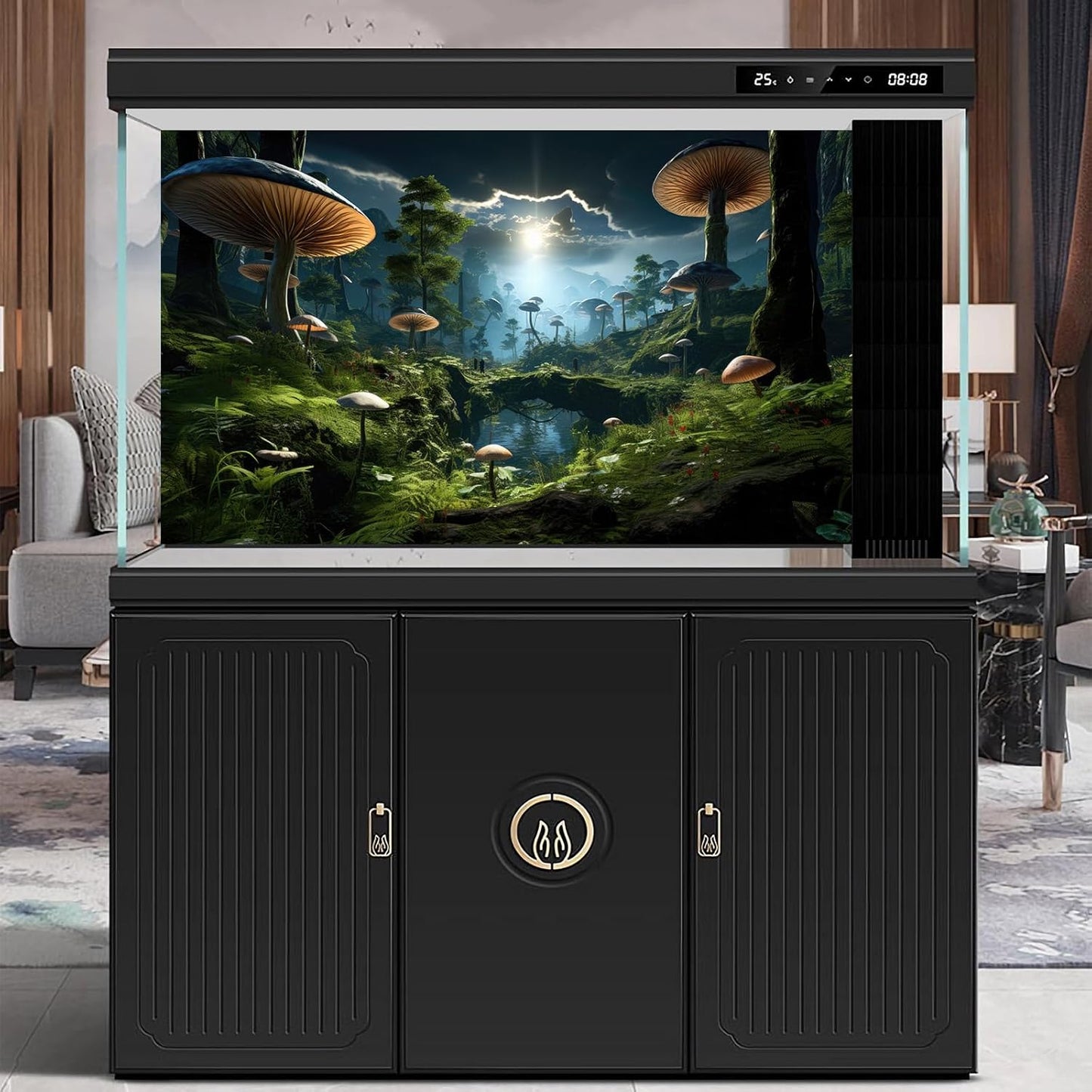 Fantasy Mushrooms Landscape Aquarium Background Tranquil Stream Cloudy Sky Terrarium Background Lush Green Tropical Plants Trees Fish Tank Backdrop Decoration Tank Background Poster 72x16in