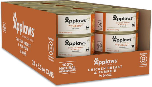 Applaws Natural Wet Cat Food, 24 Count, Limited Ingredient Canned Wet Cat Food, Chicken Breast with Pumpkin in Broth, 5.5oz Cans