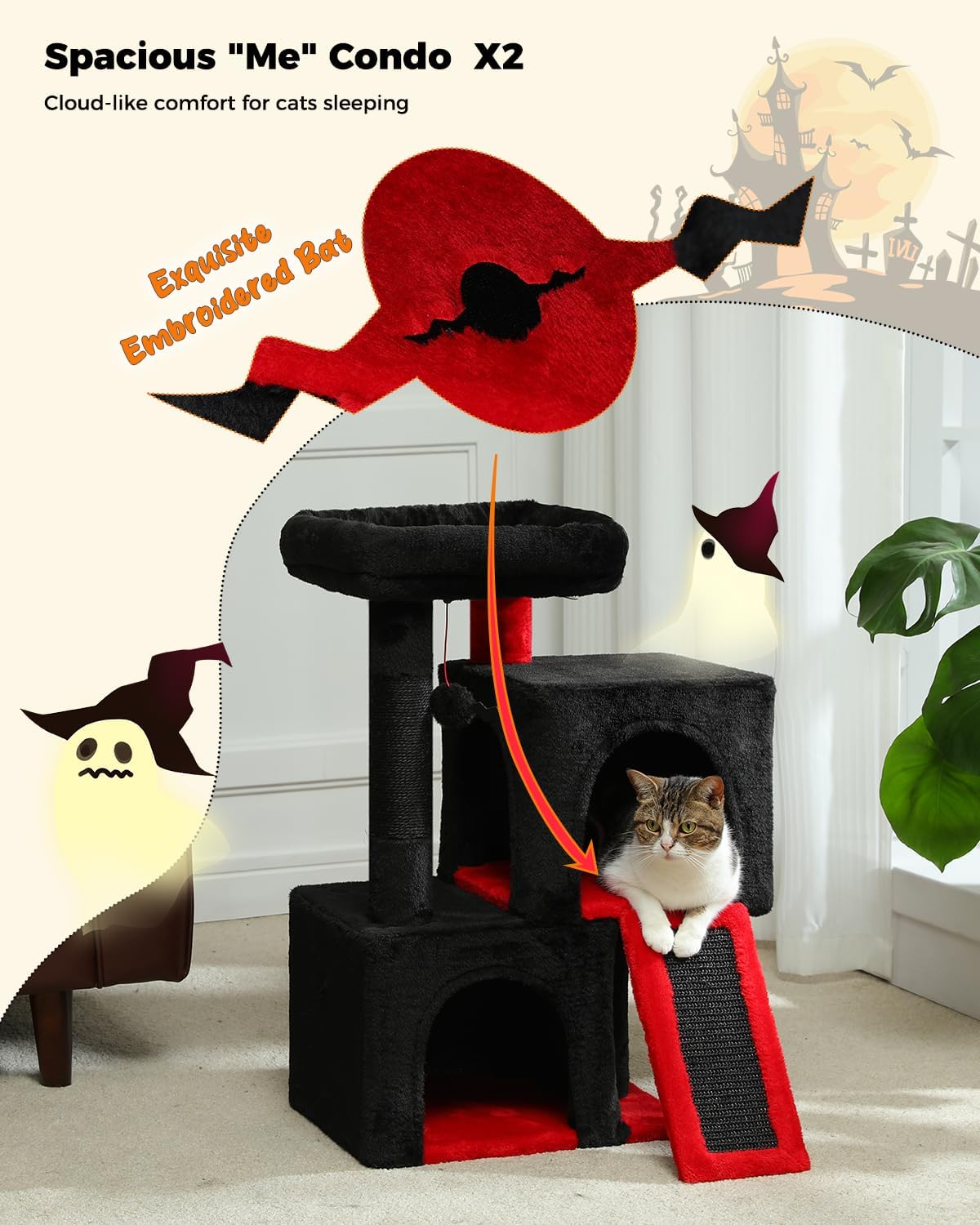 PAWZ Road Gothic Cat Tree, 30 Inches Black Cat Tower with Dual Condos for Indoor Cats, Spooky Cat House with Padded Perch, Scratching Ramp and Posts and Bat Toys