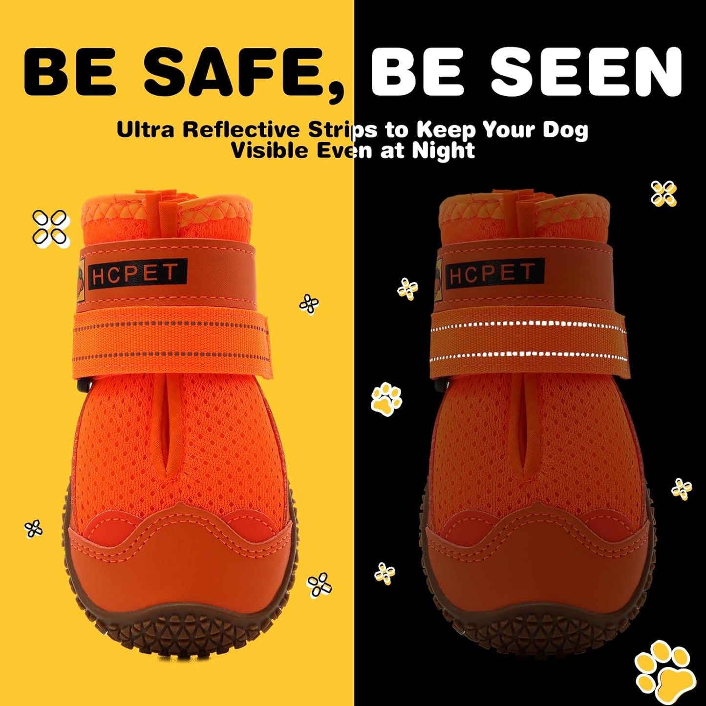 Hcpet Dog Shoes for Large Dogs, Breathable Dog Booties for Small Medium Dogs, Anti-Slip Dog Boots & Paw Protectors for Hot Pavement Winter Snow Hiking with Reflective Straps Orange Size 4