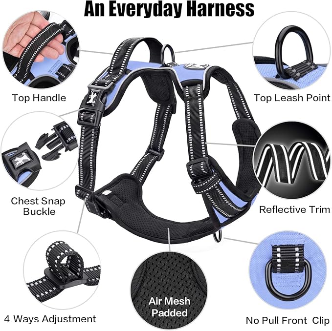 PoyPet No Pull Dog Harness, Reflective Comfortable Vest Harness with Front & Back 2 Leash Attachments and Easy Control Handle Adjustable Soft Padded Pet Vest for Small to Large Dogs (Light Blue,M)