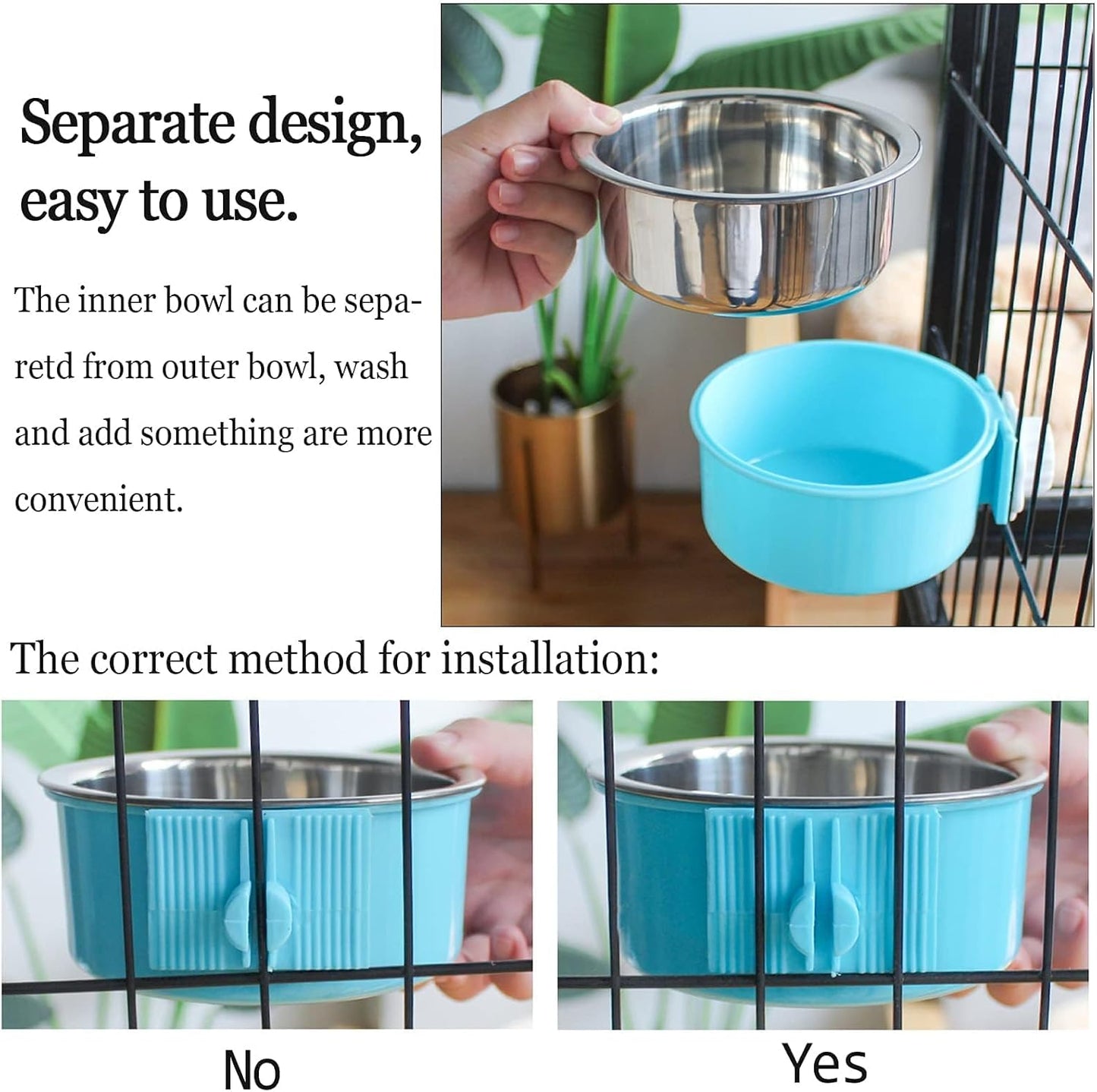 kathson Crate Dog Bowl, Removable Stainless Steel Hanging Pet Cage Bowl Food & Water Feeder Coop Cup for Cat, Puppy, Birds, Rats, Guinea Pigs 3pcs Large(Blue,Green,Pink)