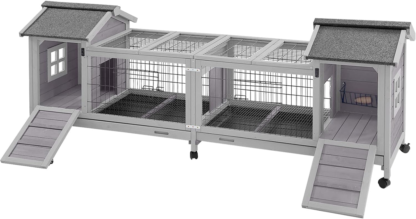 Aivituvin Rabbit Hutch Bunny Cage with Double House and Run Indoor Outdoor Guinea Pig House with Deeper No Leak Trays and Wheels