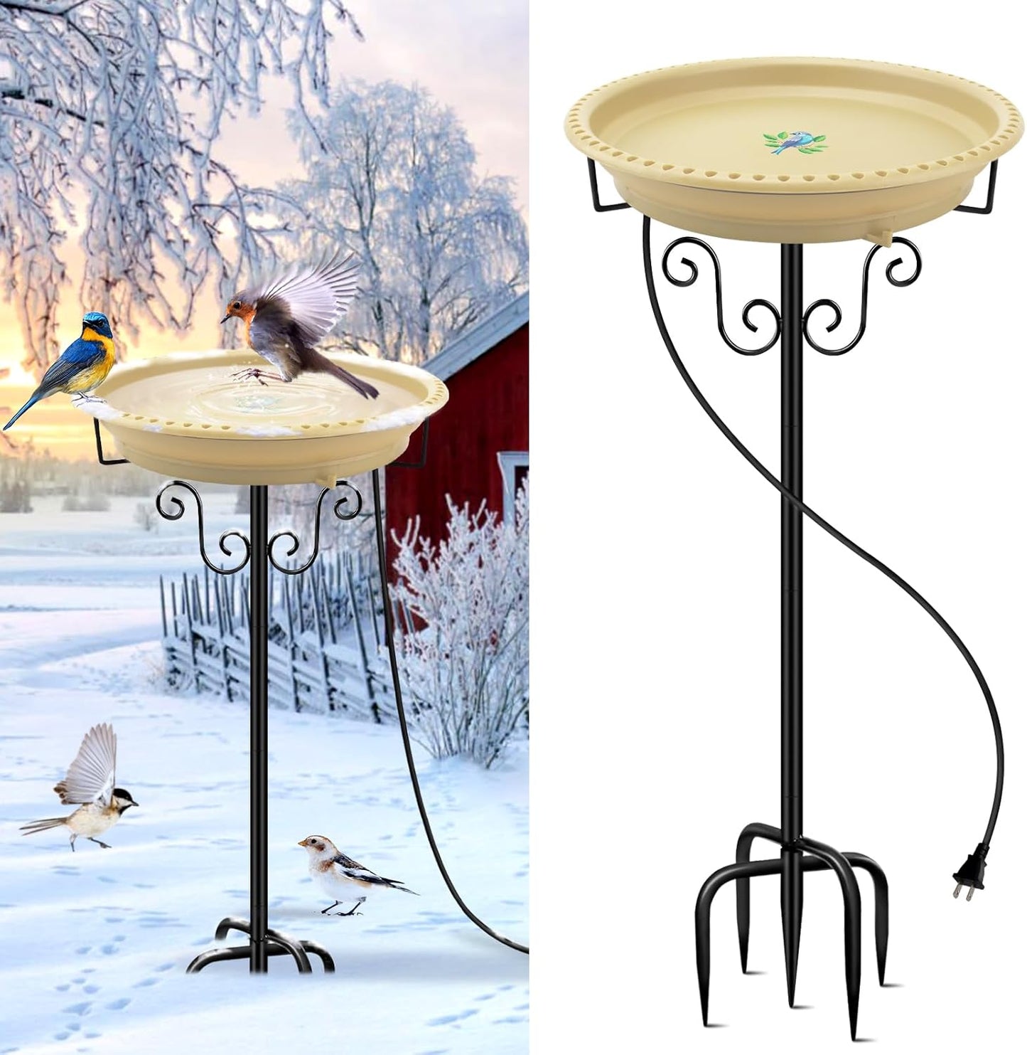 Lovppy Heated Bird Baths for Outdoors for Winter, 100W Heated Birdbath Water Heater with Thermostatically Controlled, Heated Bird Baths Bowl with Metal Stake for Outside Garden Patio Yard (Khaki)