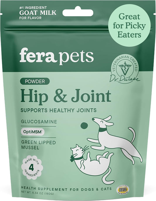 Fera Pets Goat Milk - Cat & Dog Hip and Joint Support with Glucosamine, MSM & Green Lipped Mussel - Supports Flexibility, Mobility & Bone Health - for Picky Eaters - 60 TSP