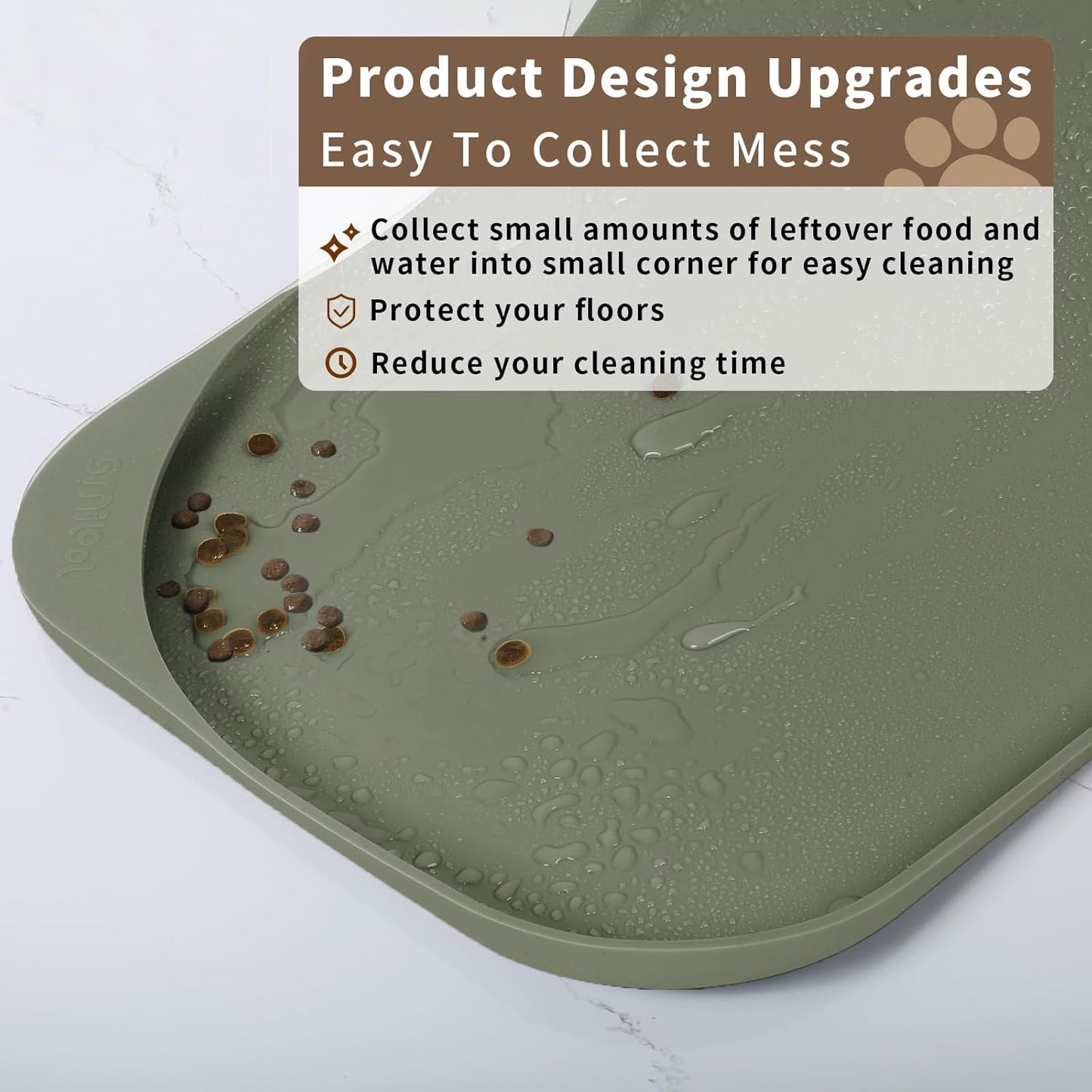 Silicone Pet Feeding Mat with Raised Edge & Residue Collection Pocket for Food and Water, Dog Bowl Mats, Cat Bowls Placemat with High Lip for Floor Waterproof, 19 x 12 x 0.7 Light Olive Green