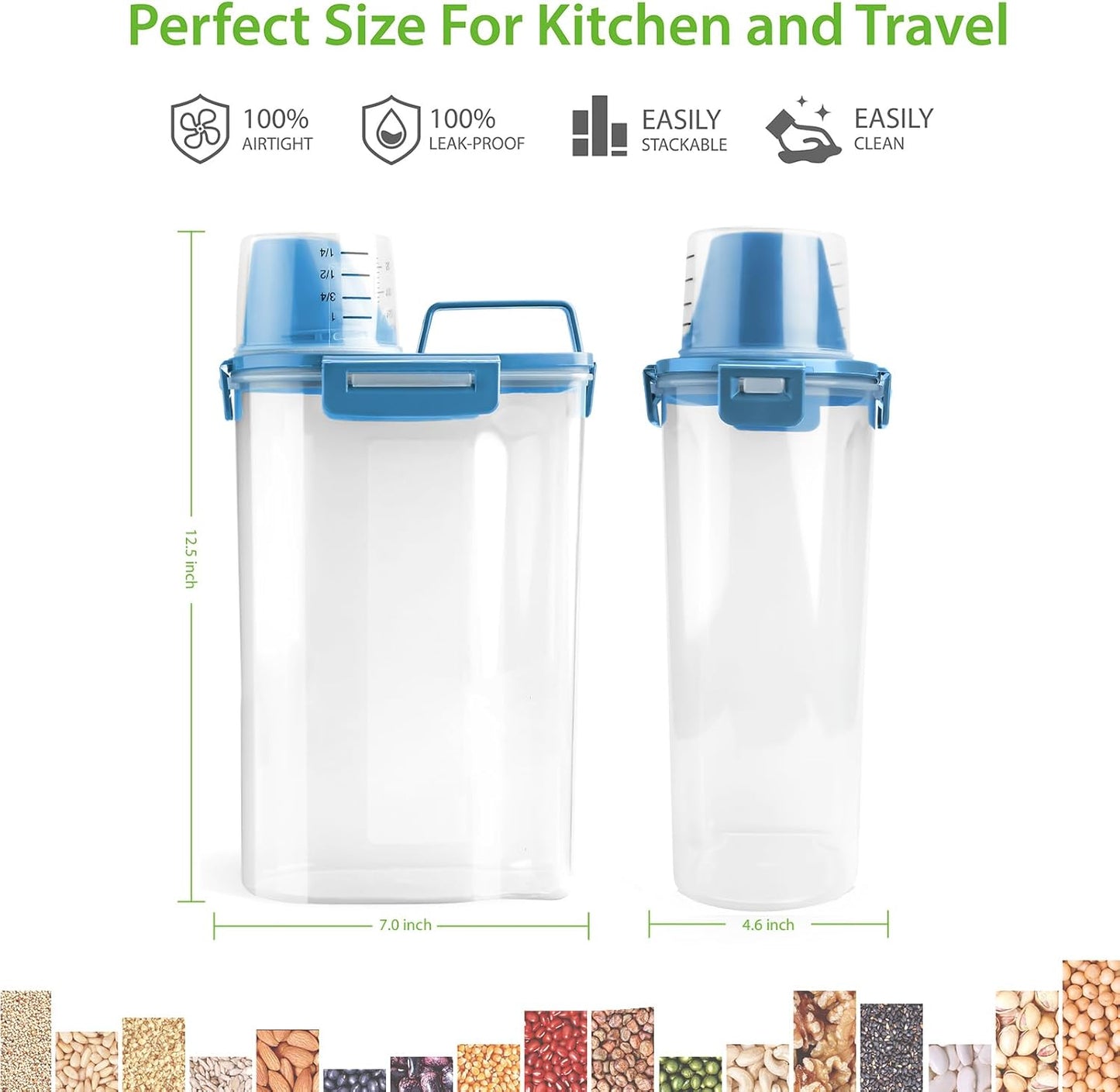 Rice Airtight Storage Container, 3 to 5Lbs Cereal Dry Food Flour Bin, Pet Dog Cat Food Dispenser with Measuring Cup, BPA Free Clear Plastic Kitchen and Pantry Organization Bin for Sugar, Pasta