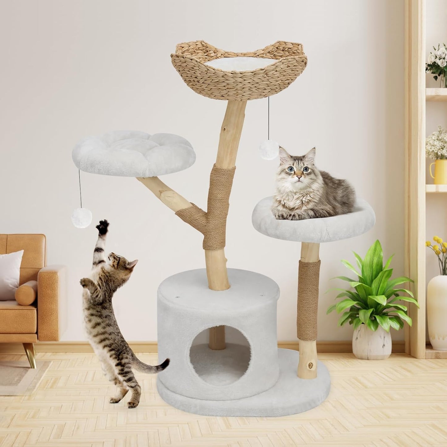 Modern Cat Tree Tower, Solid Wood Multi-Level w/ 2 Flower Perches, Scratching Post, Hanging Ball - Luxury Boho Cat Furniture w/Condo & Wicker Basket for Indoor Cats