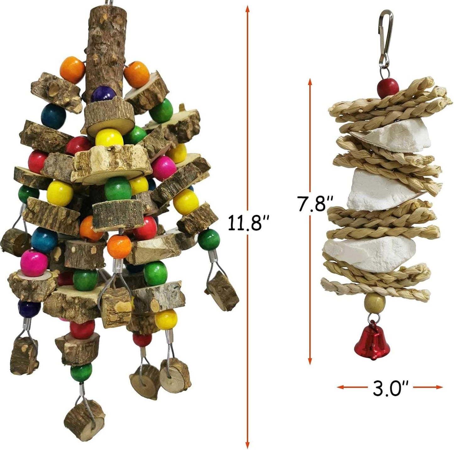 kathson Parrot Chewing Toys Medium Size - Natural Wooden Bird Toys with Colorful Blocks, Sturdy Hanging Bird Cage Accessories for Cockatiels Conure Cockatoos 2 Pack (Style A)