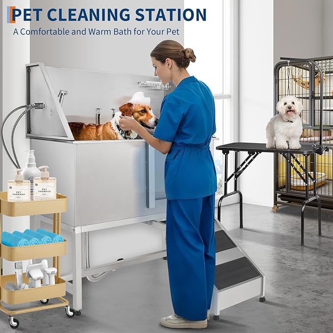 Stainless Steel Dog Washing Station - Dog Bath Tub for Large, Medium, Small Dogs, Pet Grooming Tub with Ramp, Non-Slip Grate, Shower, Soap Box, Faucet, Drain for Home & Outdoor （Right RAMP, 60"）