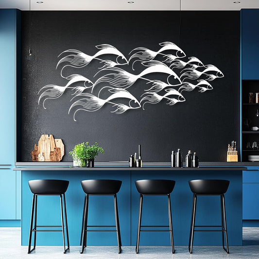 School of Fish Metal Wall Art, Metal Fish Wall Decor, Sea Life Wall Art, Large Nautical Wall Hanging, Modern Beach House Wall Decor, Ocean Themed Artwork for Bathroom (White, 30"x12" | 76x32cm)