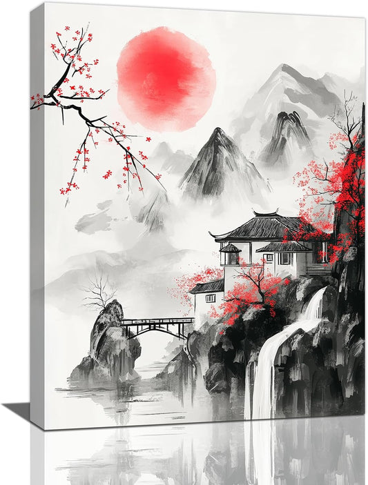Japanese Wall Art Canvas Asian Nature Wall Decor Prints Framed Painting Mountain Landscape Pictures Gifts Artwork for Bathroom 16"x20"