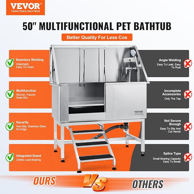 VEVOR 50" Pet Dog Bathing Station w/Stairs, Professional Stainless Steel Dog Grooming Tub w/Soap Box, Faucet,Rich Accessory, Dog Bathtub for Large,Medium,Small Pets, Washing Sink for Home Left