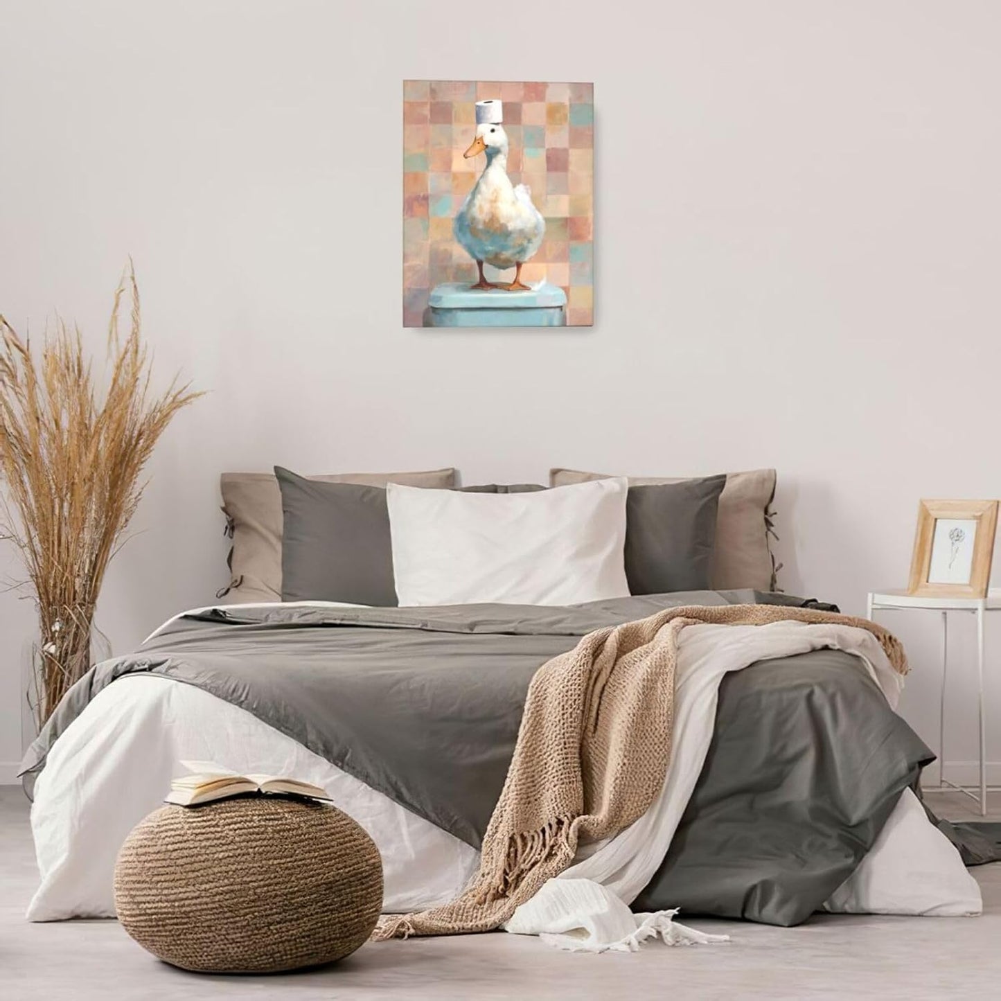 Funny Duck Bathroom Wall Art Cute Duck on Toilet Canvas Wall Decor Funny Quirky Farm Animal Pictures Painting Print Framed Artwork Decorations Gifts for Bathroom 16"x20"