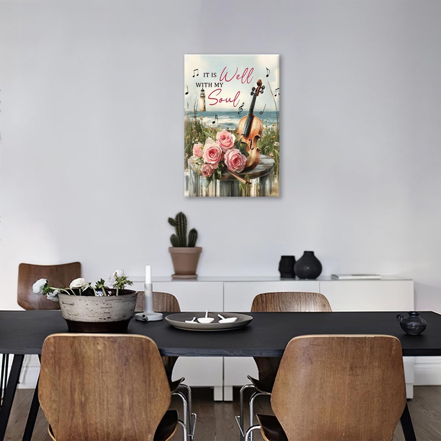 Violin Pictures Wall Art, Music Rustic Country Inspirational Bathroom Wall Decor, Coastal lighthouse Framed Painting Rose Aesthetics Canvas Artwork for Bedroom Living Room Decorations 24"L x 16"W