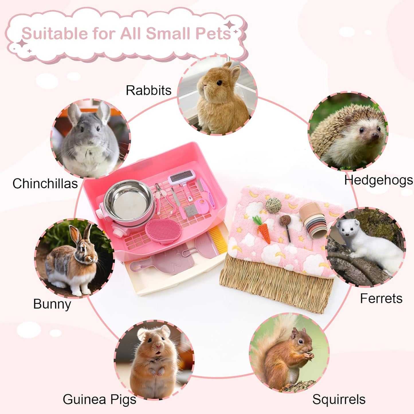 25 Pcs Large Rabbit Starter Kit, Bunny Litter Box with Drawer Animal Grooming Kit Stacking Cups Bowl Blankets Mat with Cleaning Set for Adult Guinea Pig, Ferret, Hamster, Bunnies Accessories (Pink)