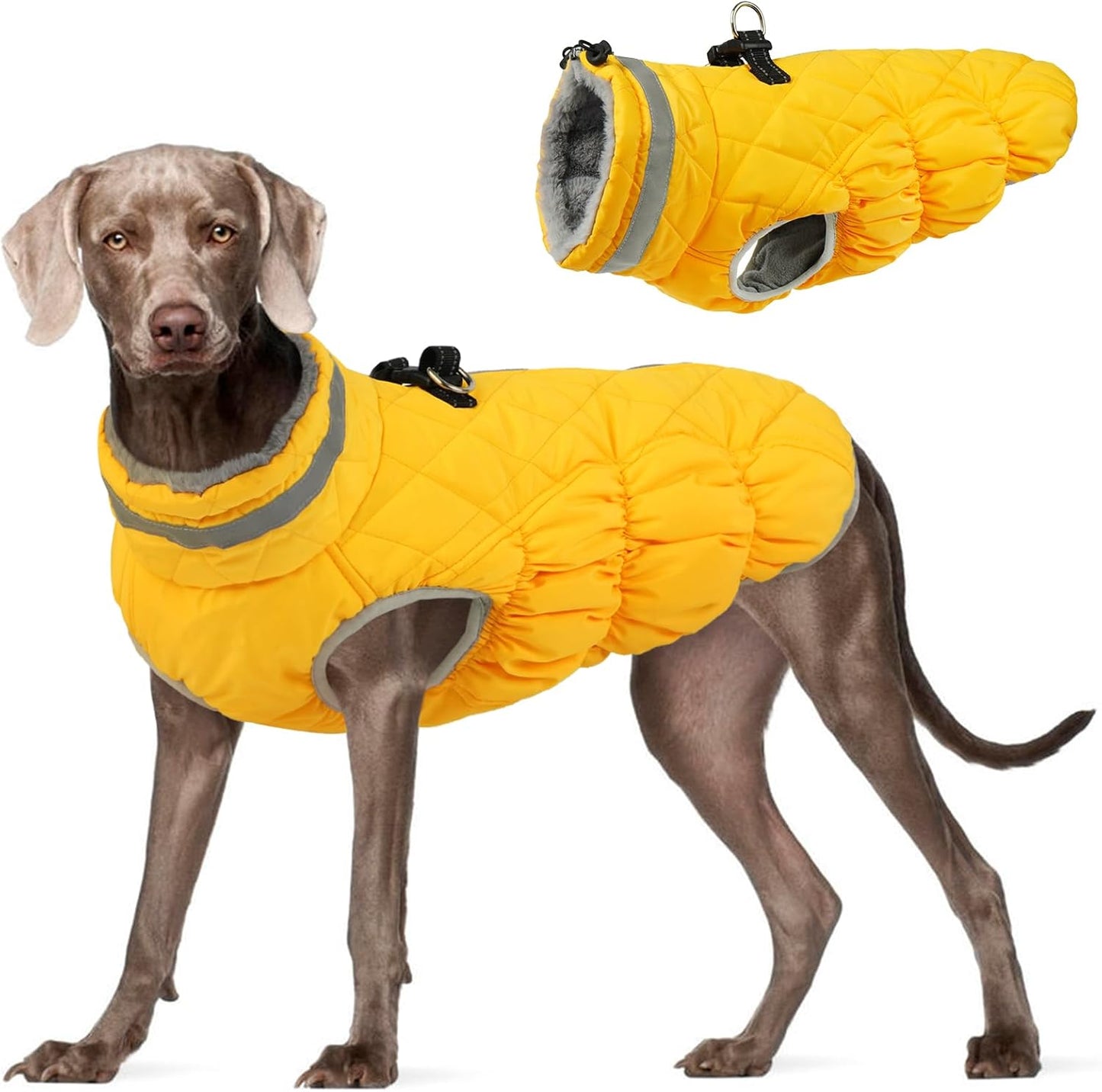 FUAMEY Dog Coat for Large Dogs,Waterproof Dog Winter Jacket with Harness Built in Puppy Cold Weather Coats Reflective Pet Vest with Zipper Warm Fleece Dogs Snowsuit Windproof Yellow 2XL