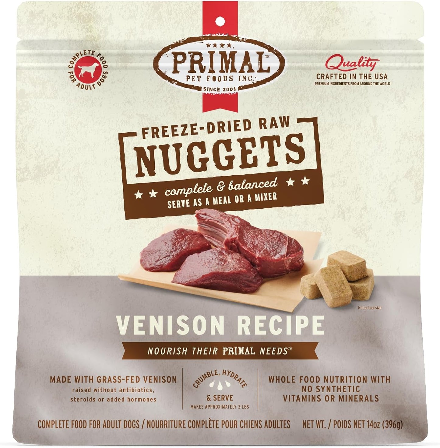 Primal Freeze Dried Raw Dog Food Nuggets, Venison, Complete & Balanced Meal, Also Use as Topper or Treat, Premium, Healthy, Grain Free, High Protein Raw Dog Food, 14 oz