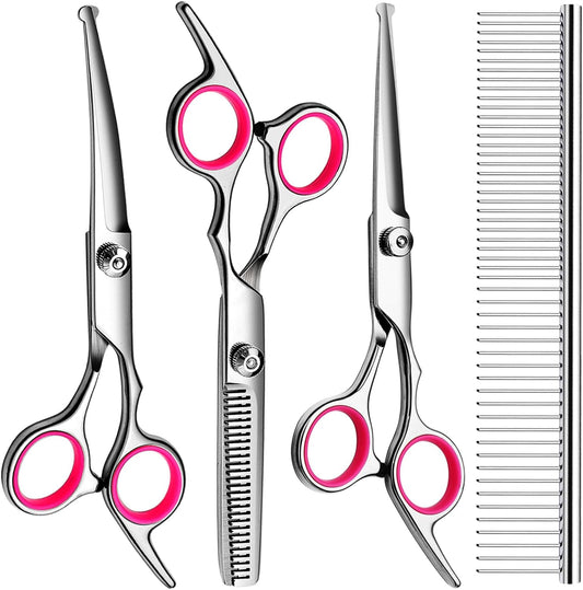 Professional Dog Grooming Scissors Kit, Titanium Coated Dog Scissors for Grooming, Grooming Shears Kit for Dogs Cat At Home (Pink 5 in 1)