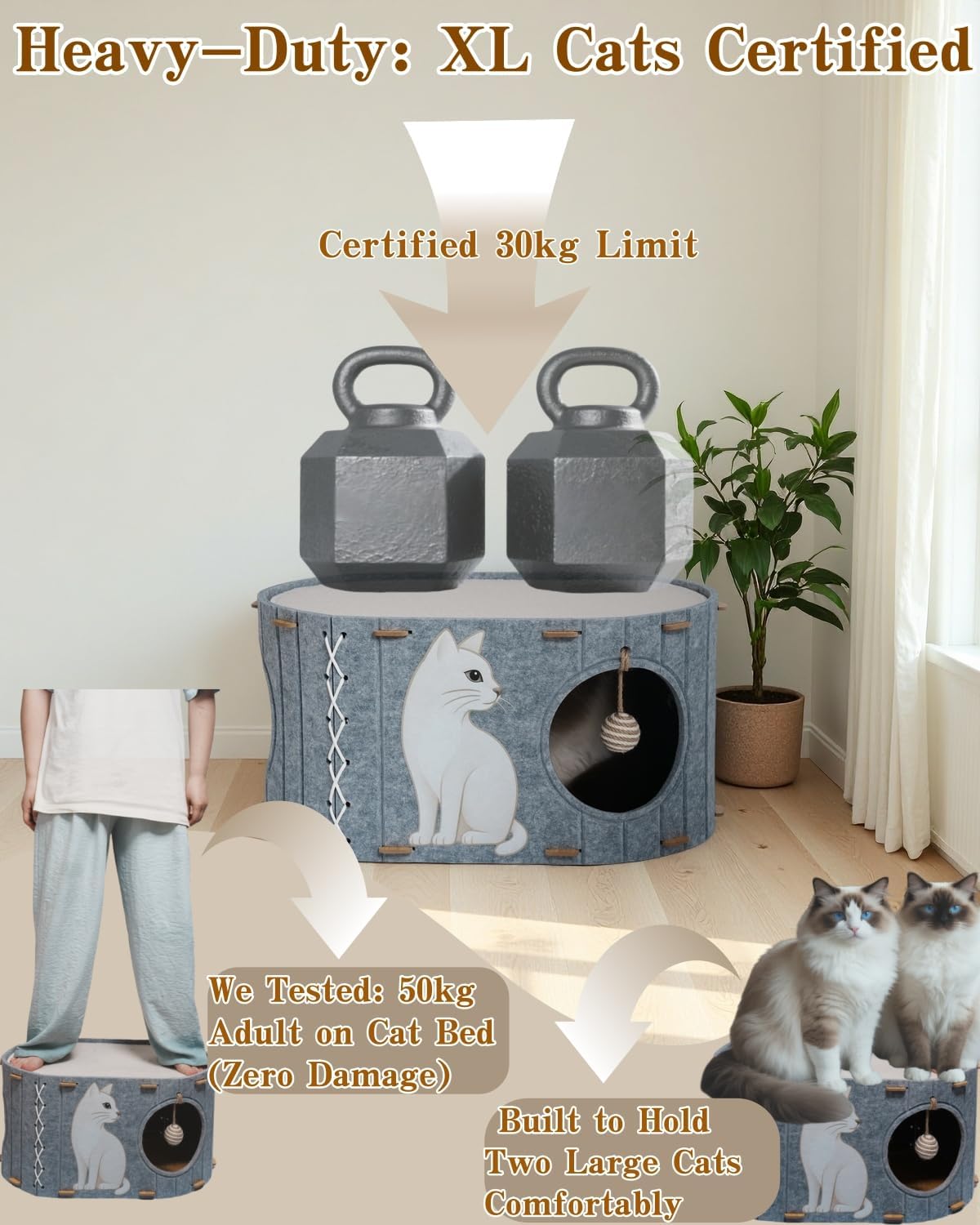 2-in-1 Large Cat House for Indoor Cats, Felt Cat Cave with Cushion, Dual Entrances & Sisal Ball Toy, Enclosed Bed for Large Cats or Multi-Cat Use, Supports 88 lbs