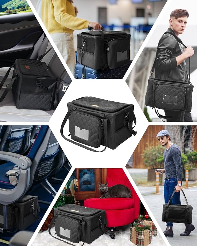 PETUX Small Cat Carrier - Pet Carrier Airline Approved for Kitten Under 10 lb - Escape-Proof, Foldable & Portable Cat Carriers for Travel, Vet Visits with Removable Bag, Safety Buckle ＆ Leash - Black