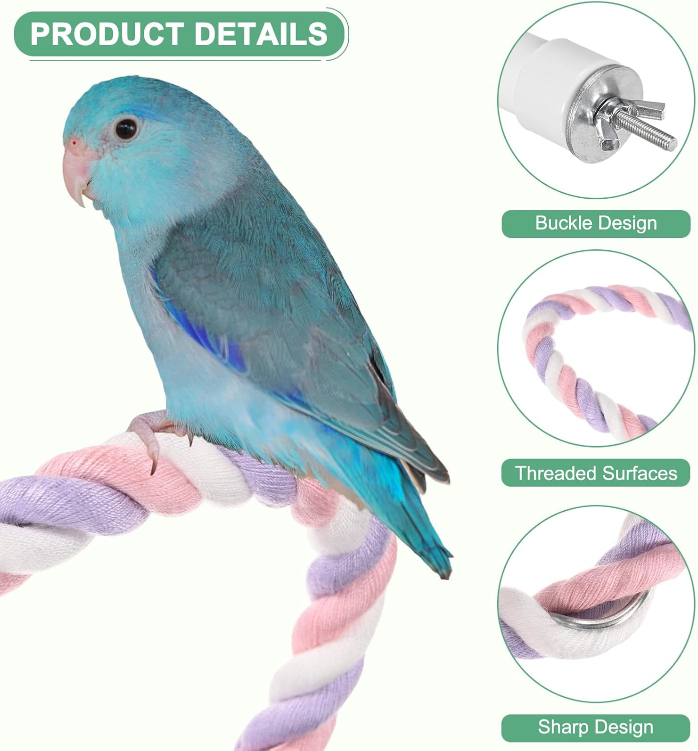2-Pack Rope Perches for Bird Cages, 13.8 in Length Comfort Grip Flexible Rope Perch Beak & Paw Grinding for Parrots/Cockatiels/Parakeets, Bird Platform Sand [Pink Purple]
