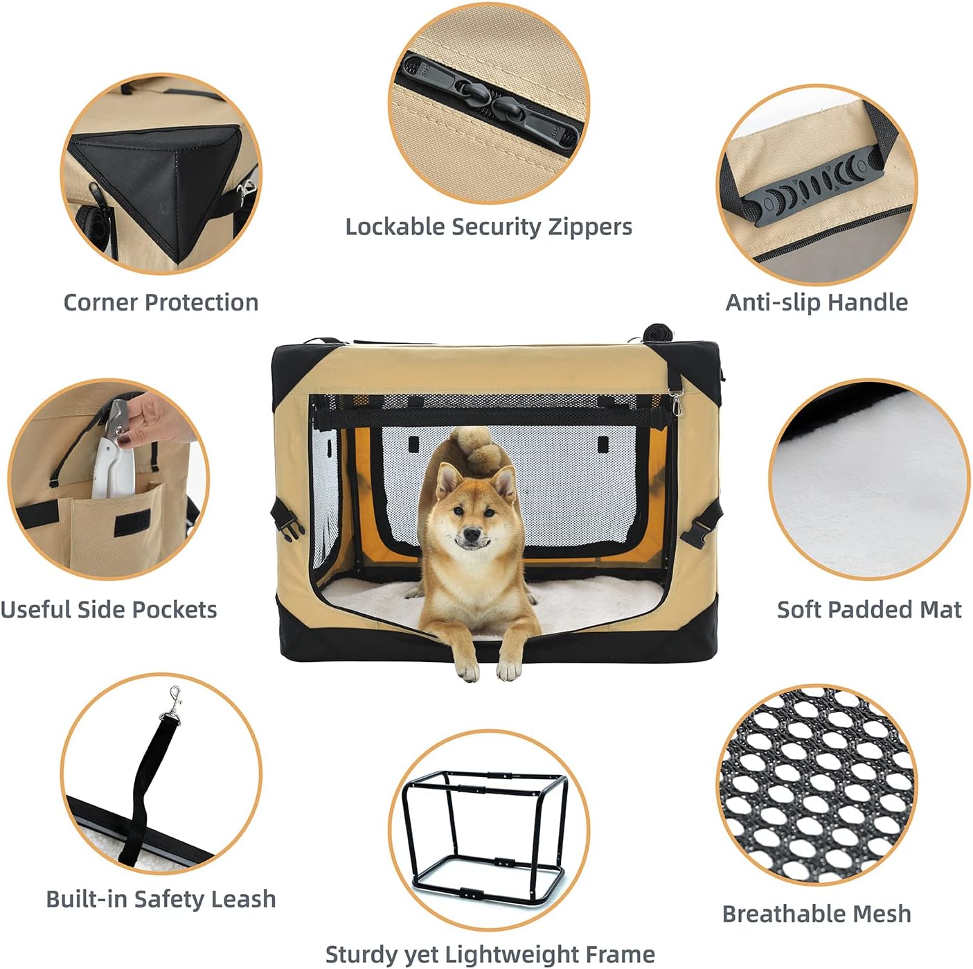 Pettycare 42 Inch Collapsible Dog Crate for Large Dogs, 4-Door Foldable Soft Kennel With Chew Proof Mesh Windows, Indoor & Outdoor Travel, Beige