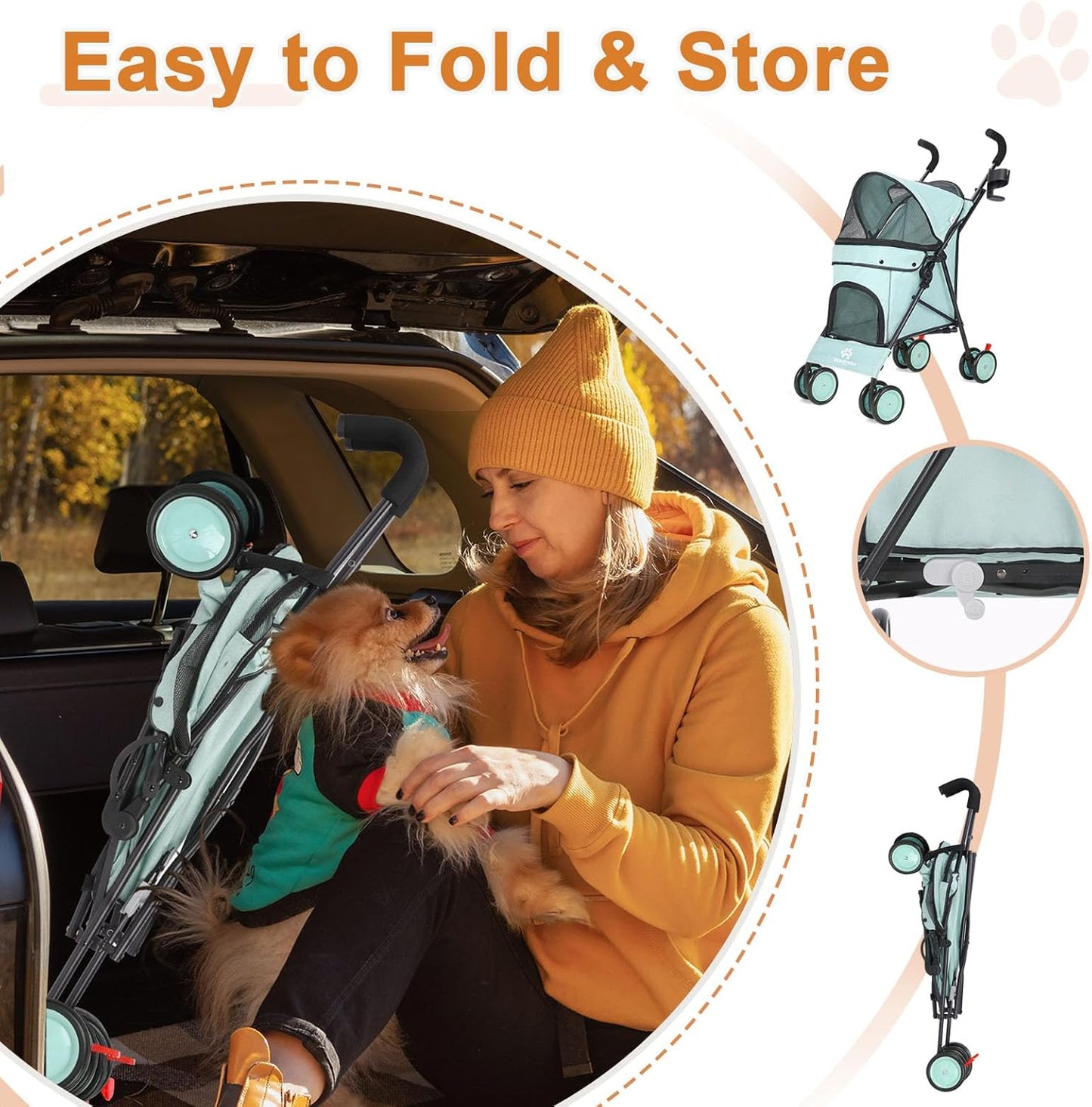 Umbrella Dog Stroller, 4 Wheels Pet Strolling, Foldable Carrier Pet Stroller for Small Dogs Cats, with Carrying Strap and Cup Holder, Dog Poop Bags & Dispenser, Up to 33 lbs, Cyan