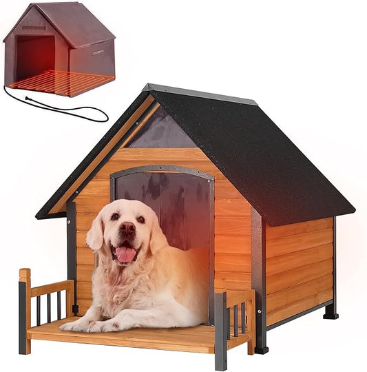Outdoor Heated Dog House with All-Around Insulated Liner Weatherproof Puppy Shelter Indoor Dog Kennel, Anti-Bite Dog Home for Large Breed with Porch (Brown-2, 50.8" D x 37.4" W x 37.2" H)