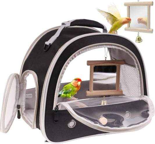 Portable Parrot Travel Cage Carrier with Small Swing Toy&Cage Colorful Toys Set Small Bird Parakeet Bag with Standing Perch Bird Carry Transport Bag (Black, Carrier/Mirror)
