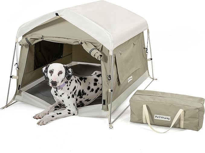 Dog Tent Cotton Fabric, Aluminum Poles and Camping Mat, Outdoor Weatherproof, Dog House Outdoor, Breathable with 2 Side Windows, Portable and Collapsible (Gray, Large)