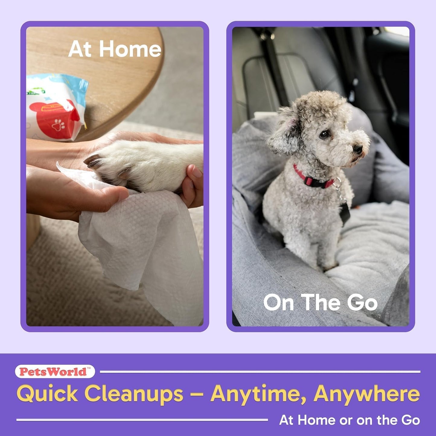 PETSWORLD Pet Wipes for Dogs & Cats, Unscented, Hypoallergenic, Chemical-Free, Biodegradable (98%), Thick & Durable, Textured Grooming Wipes (Unscented, 50 Count)