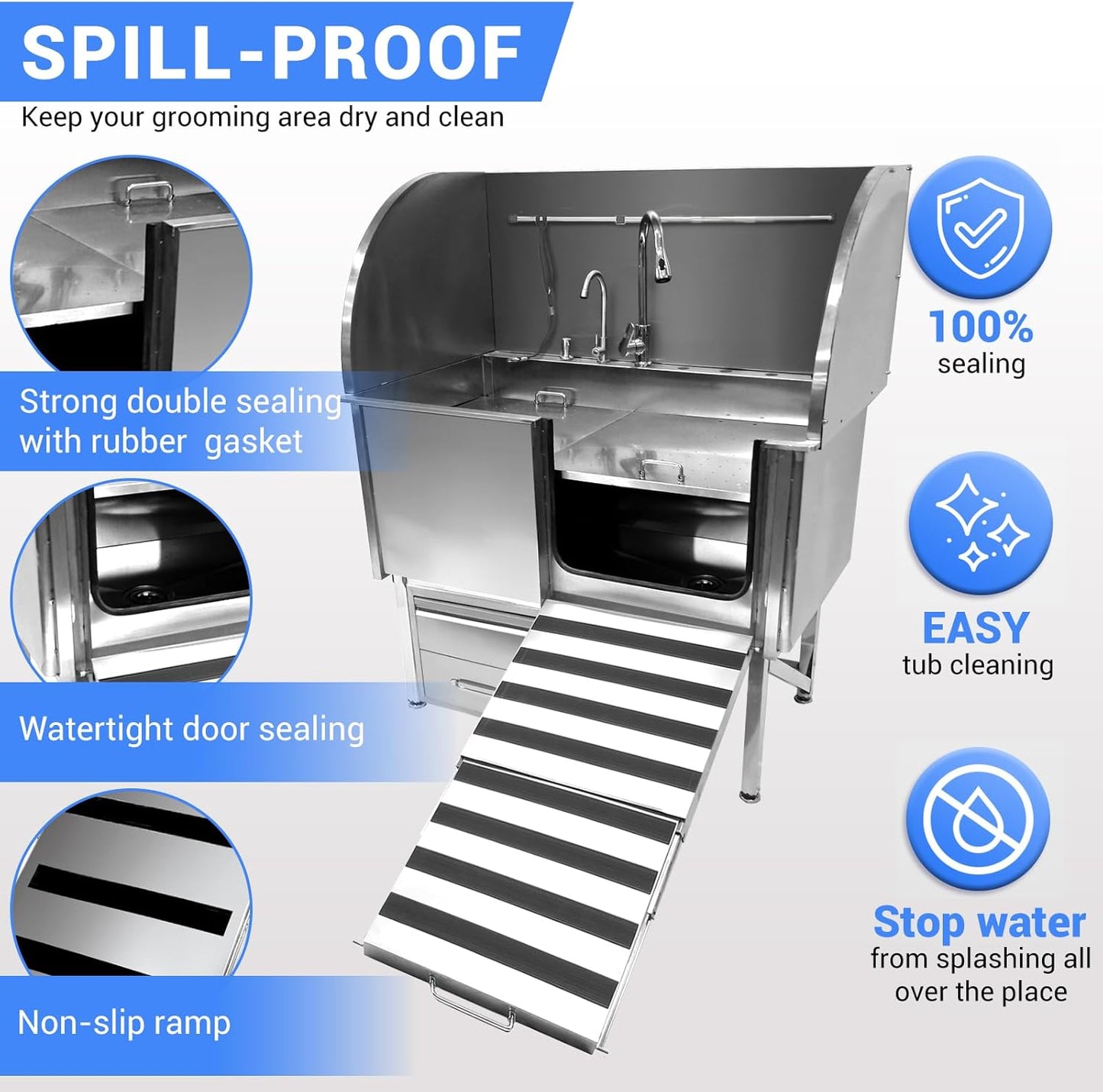 Professional Dog Grooming Tub, 62" Stainless Steel Dog Wash Station with Foldable Ramp, Storage Drawer, Floor Grate & Faucet/Dog Bathtub for Large, Medium & Small Pets - Right Door (62")