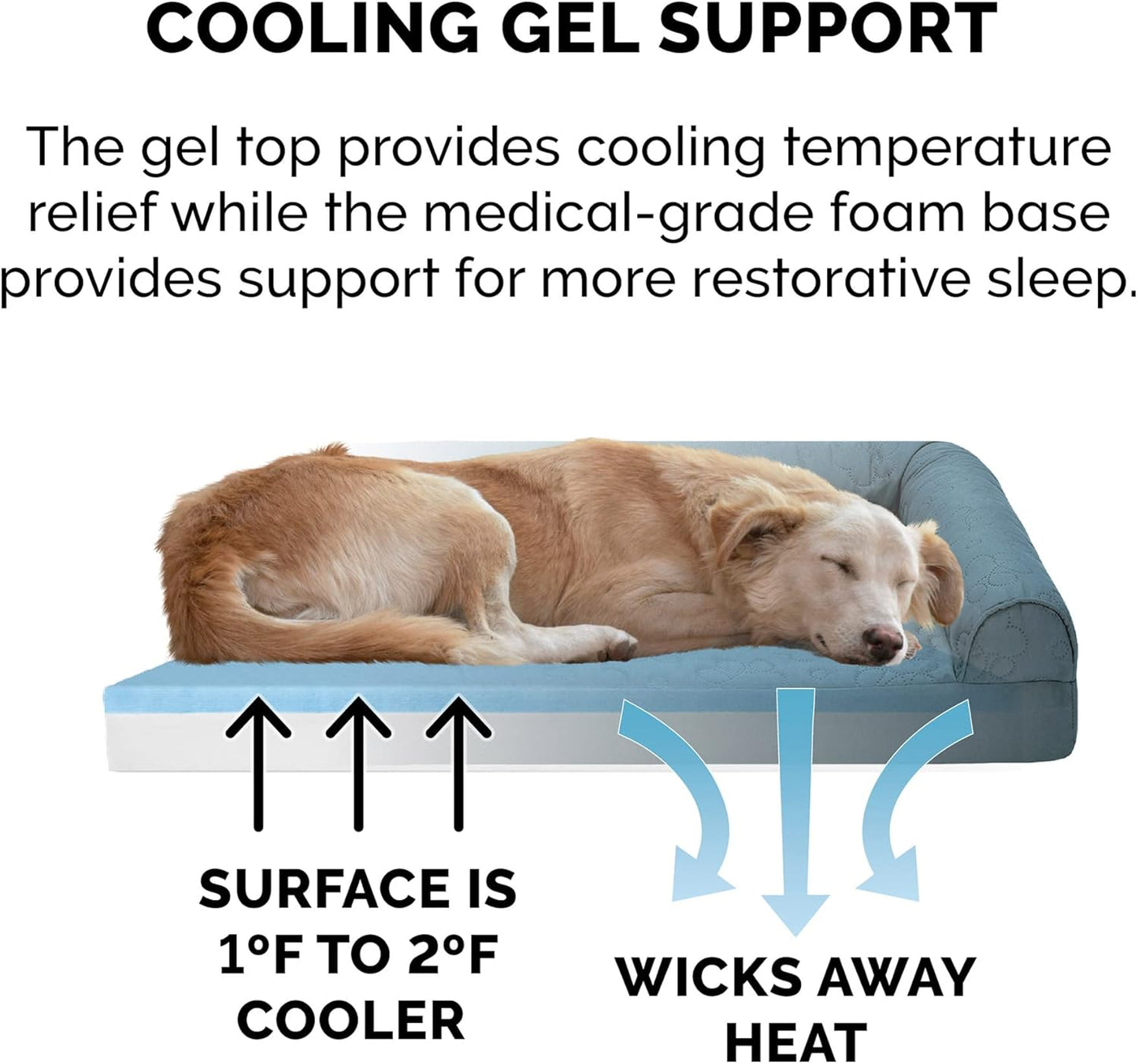 Furhaven Cooling Gel Dog Bed for Medium/Small Dogs w/ Removable Bolsters & Washable Cover, For Dogs Up to 35 lbs - Pinsonic Quilted Paw L Shaped Chaise - Bluestone, Medium