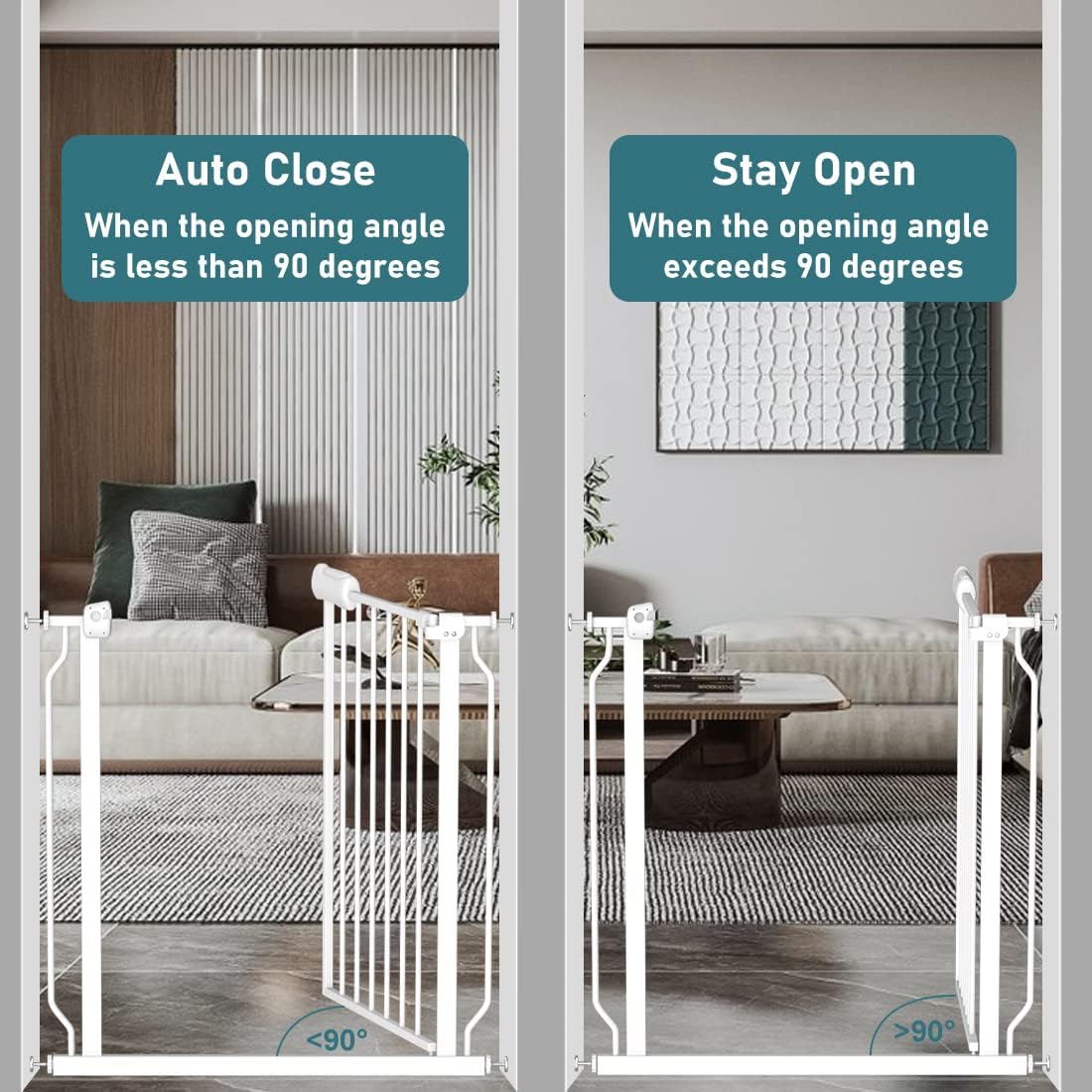 TSAYAWA Walk Through Baby Gate with Door, 43.5-48 Inch Wide Presure Mounted No Drill Metal Auto Close Child Gate for Stair Doorway - Indoor Outdoor Safty Gate for Toddler Dog Doggie, White