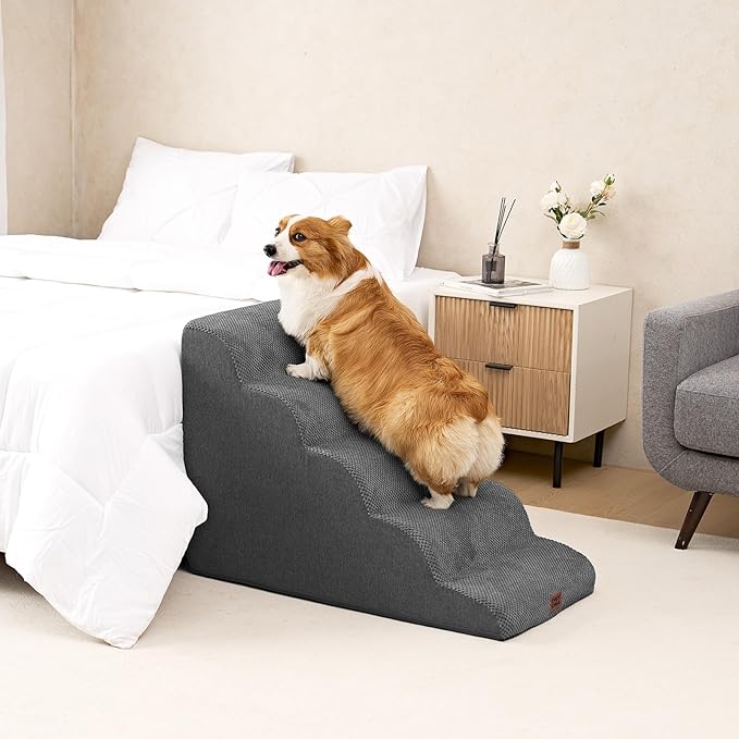 EHEYCIGA Curved Dog Stairs Ramp for High Beds, 5-Step Extra Wide Dog Steps for Small Dogs and Cats, Pet Stairs for High Bed Climbing, Non-Slip Balanced Pet Step Indoor, Grey