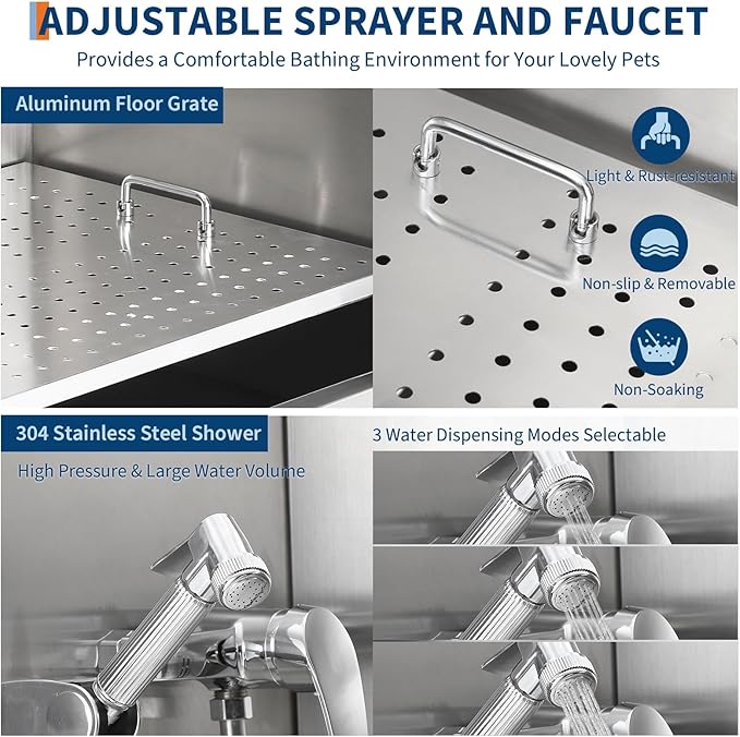 Stainless Steel Dog Washing Station - Dog Bath Tub for Large, Medium, Small Dogs, Pet Grooming Tub with Ramp, Non-Slip Grate, Shower, Soap Box, Faucet, Drain for Home & Outdoor （Right RAMP, 60"）