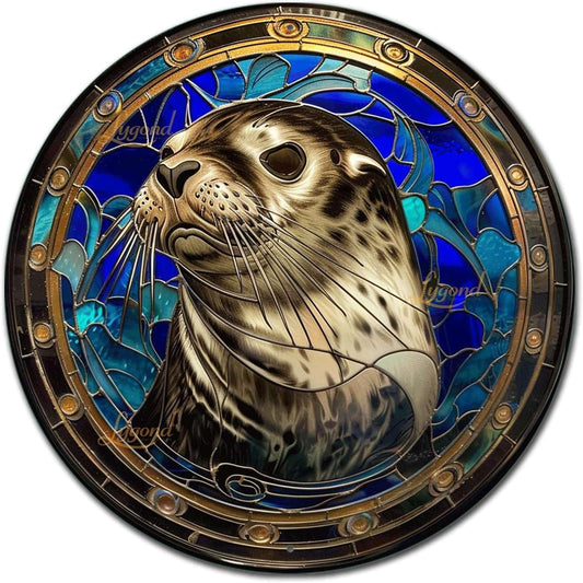 Lygond Metal Sign Tin Sign Circular Stained Glass Harbor Tin Sig For Home Decor 8×8 Inches