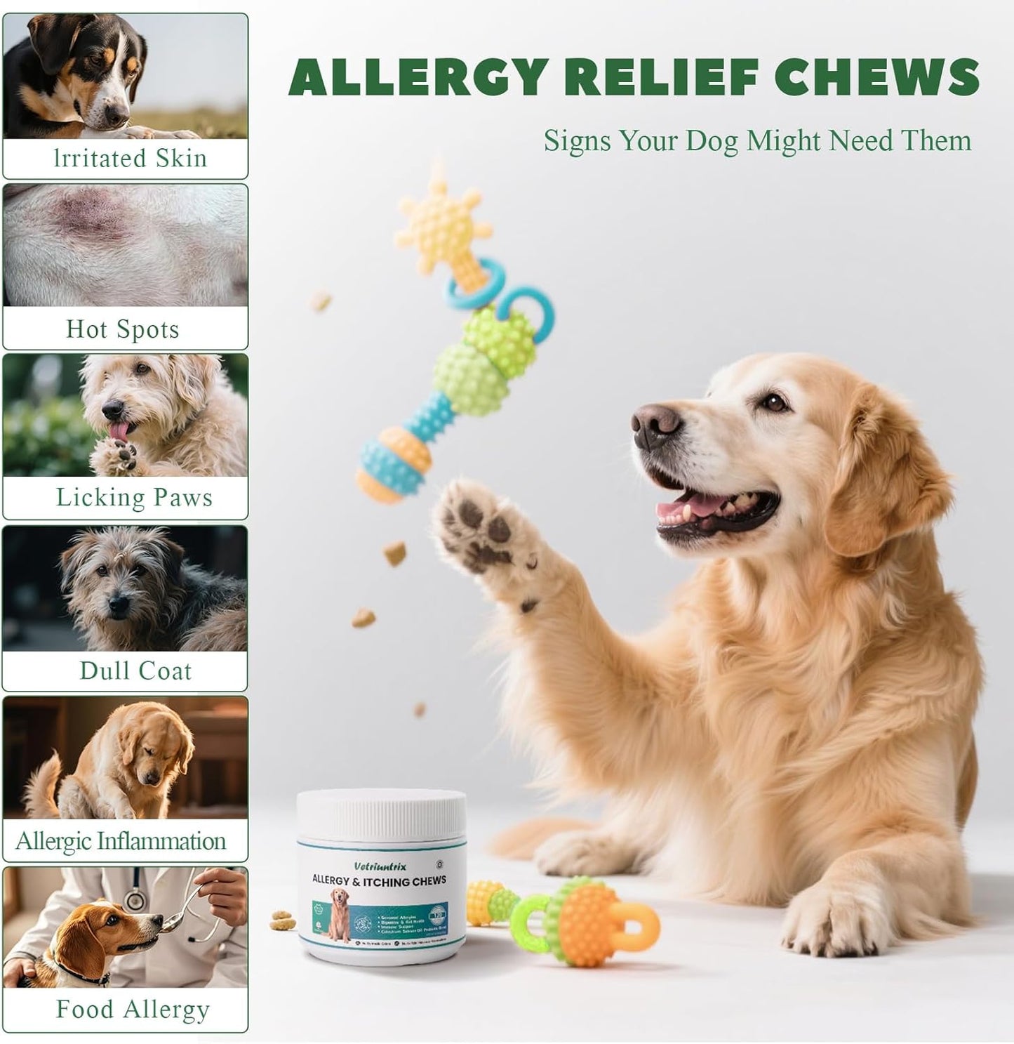 Dog Allergy Chews, Dog Itch Relief Chews for Large Dogs Paw Licking Itchy Skin, Probiotics with Omega-3 Turmeric Astragalus for Coat Immune Supplement-200ct
