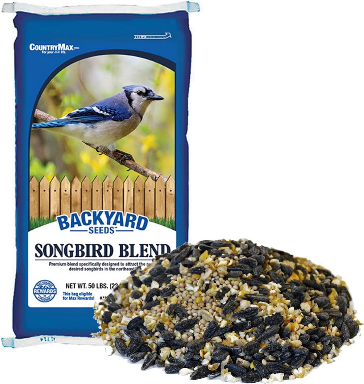 CountryMax Backyard Seeds Songbird Blend Wild Bird Seed – 50 lb Bag – Premium Mix with Sunflower Seeds, Safflower, Peanuts, Millet – Attracts Cardinals, Finches, Chickadees, and More